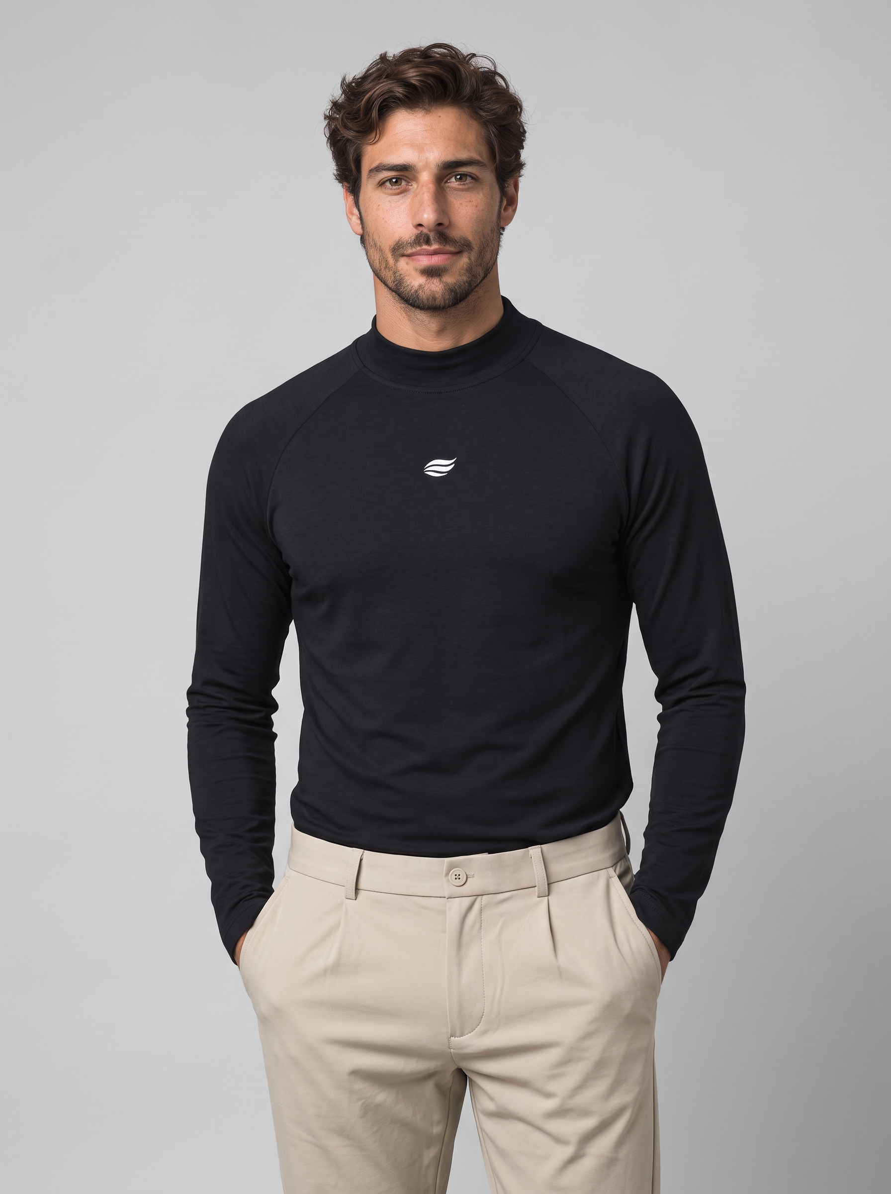 Slim Fit Longsleeve mit Stehkragen – Schwarz